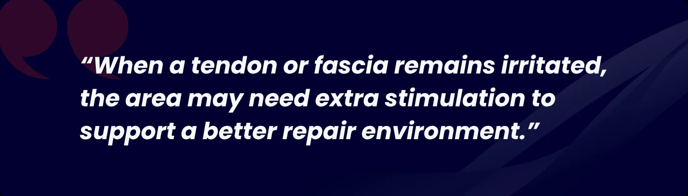 Pull quote: "When a tendon or fascia remains irritated, the area may need extra stimulation to support a better repair environment."