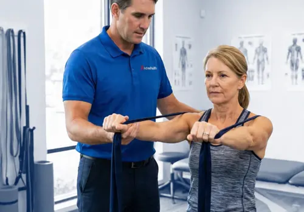 Active Health clinician guiding a patient through resisted shoulder work in the Jacksonville clinic