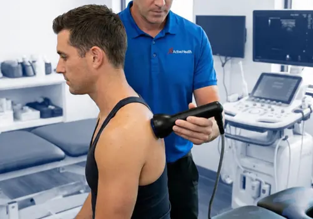 Active Health clinician treating a patient with a handheld acoustic wave applicator in the Jacksonville clinic